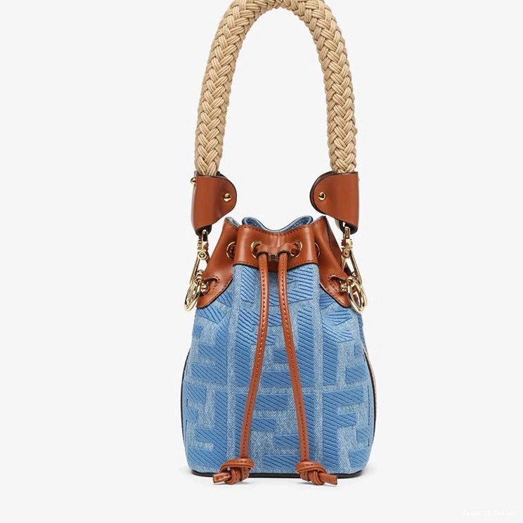 Vintage HOT Straw Fendi Blue with Tresor FF Mini Handle Bag Straw Bucket In Motif Mon 0803